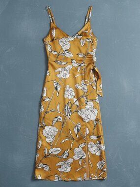 Chelsea 28 Yellow Floral Partial Wrap Midi Dress Size XS Adjustable Straps